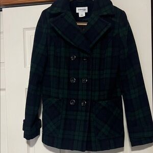 St. John's Bay Black Blue and Green Plaid Pea Coat